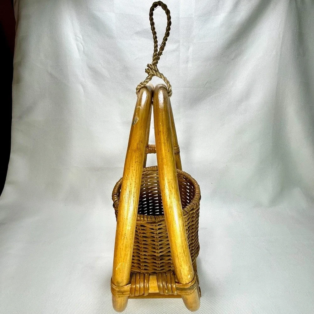 VTG Bent Bamboo Rattan Wood Hanging Basket Hoop Planter MCM/Boho 14